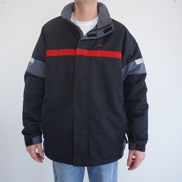 VTG Y2K Gray Tag Nike Black Red Fleece Lined Red Check Zip Up Nylon Ski Jacket L - Picture 2 of 11